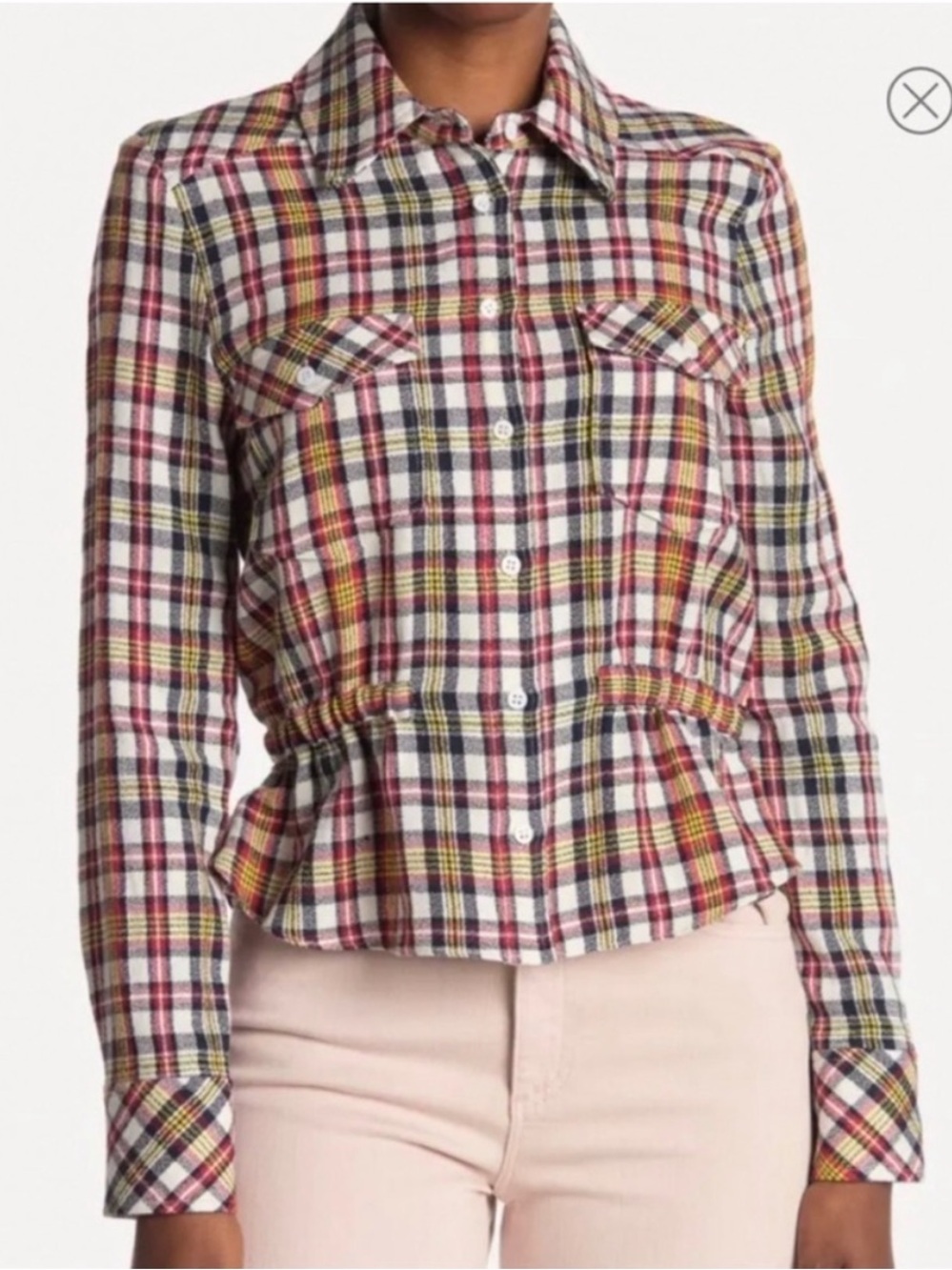Veronica Beard Shania plaid linen blend cinched button down sz 12